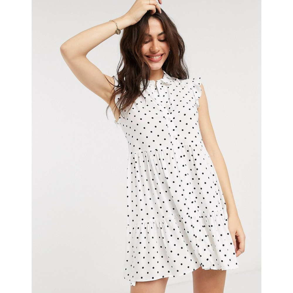 Stradivarius Dress Womens L White Polka Dot Smock Tiered Ruffle Button Mini
